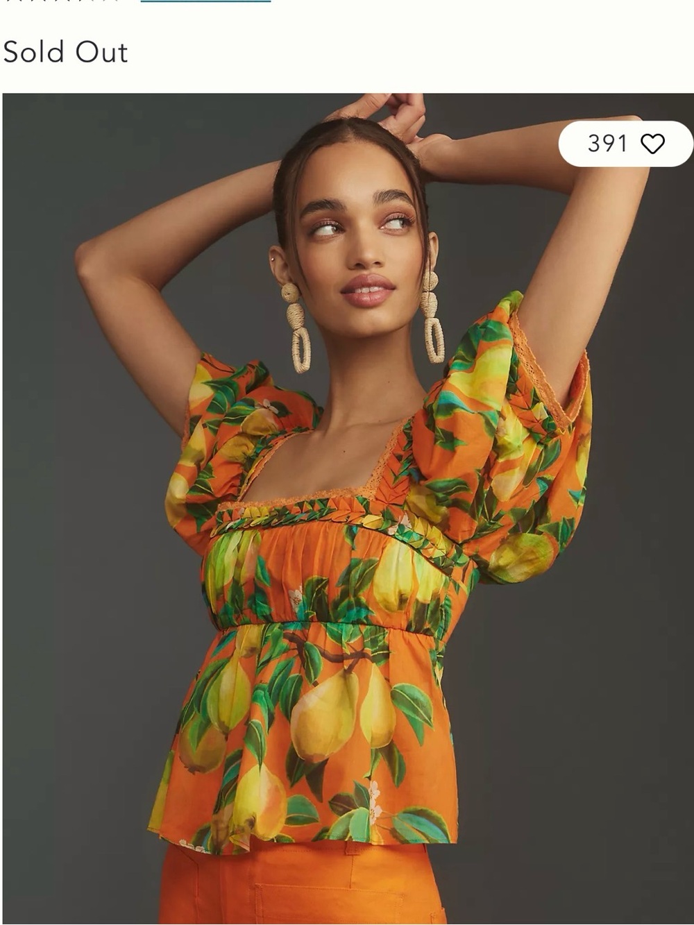 ANTHROPOLOGIE x FARM RIO sz XL Orange Chic Pears blouse Resort Wear Floral